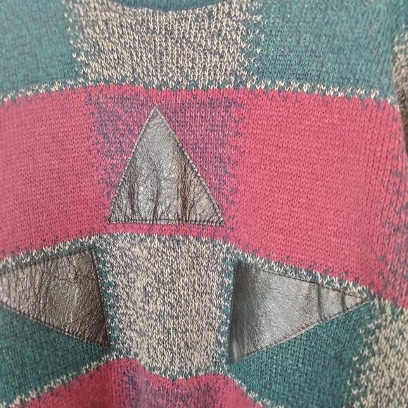 Vintage 90s Campus Mens Sz L Crew Neck Sweater Geometric Genuine Leather Patches - Picture 3 of 4